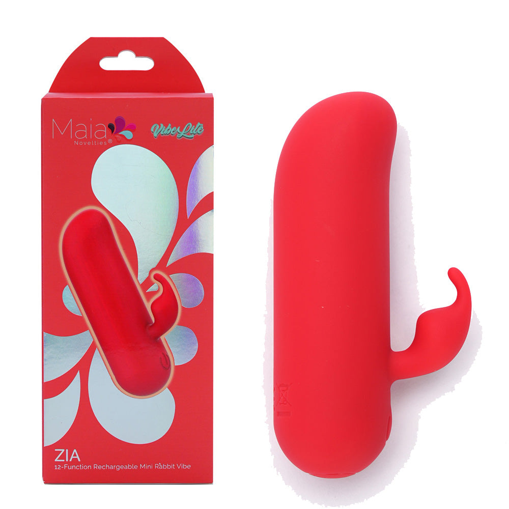 Maia Zia mini bullet rabbit in Red, small eared bullet beside its red Maia box