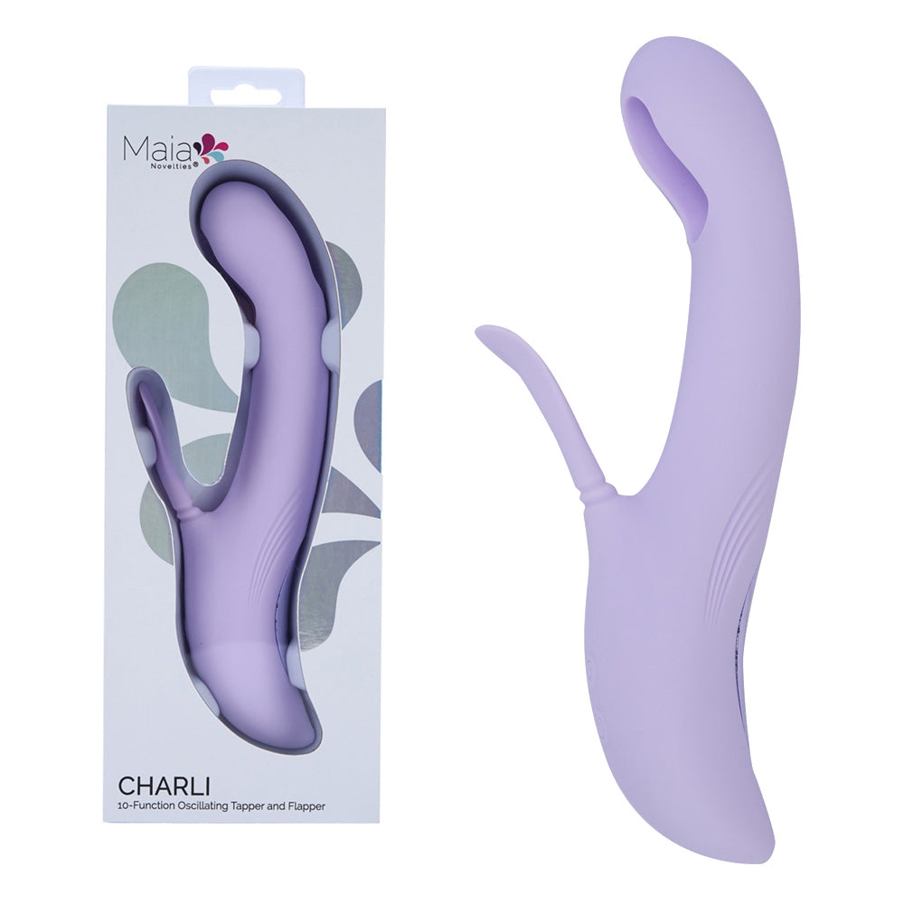 Maia Charli flapping rabbit vibrator in Lavender, beside its grey Maia box