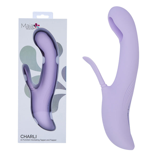 Maia Charli flapping rabbit vibrator in Lavender, beside its grey Maia box
