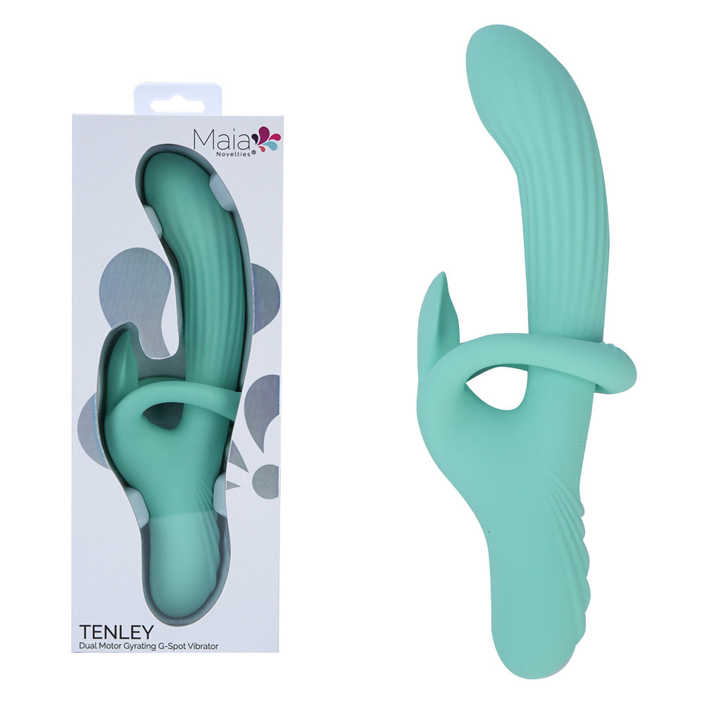 Maia Tenley gyrating rabbit vibrator in Mint Green, beside its Maia box