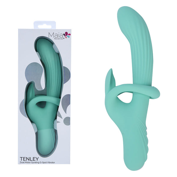 Maia Tenley gyrating rabbit vibrator in Mint Green, beside its Maia box