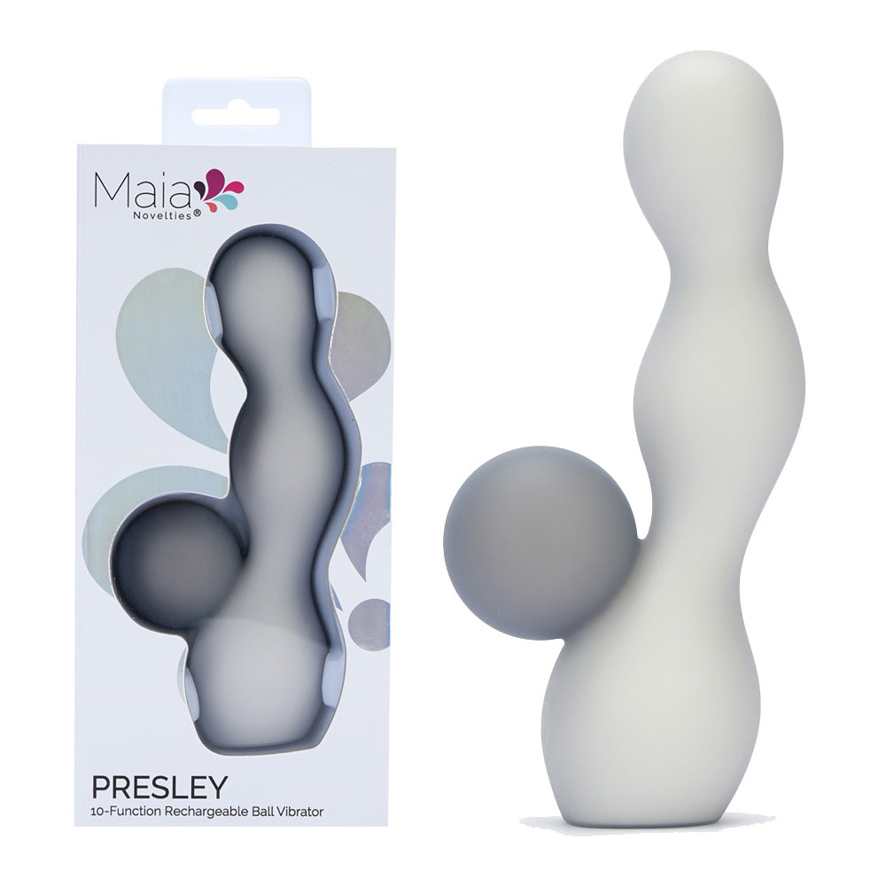 Maia Presley ball vibrator in Grey, three-bead shaft beside its Maia box