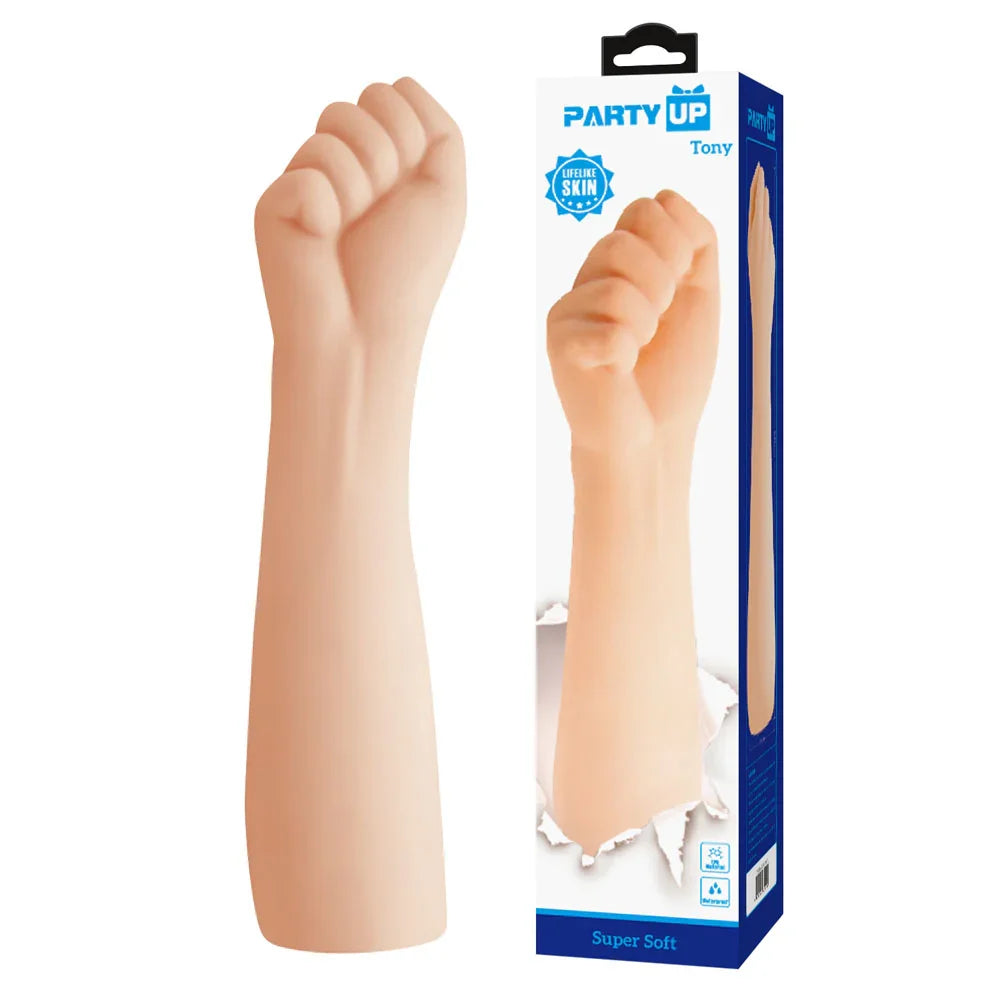 Party Up Tony Fist Dildo in Flesh, moulded forearm and clenched fist beside its box