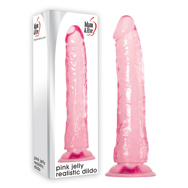 Pink jelly realistic dildo with packaging on a white background