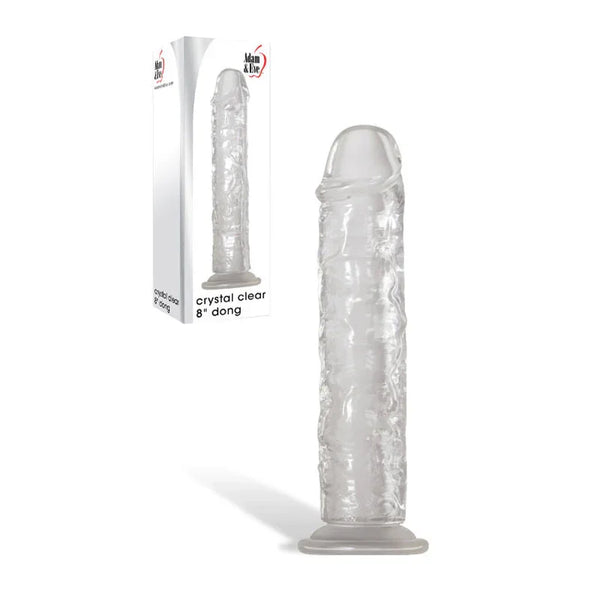 Crystal Clear 8 inch dong in Clear, upright on suction base, box behind