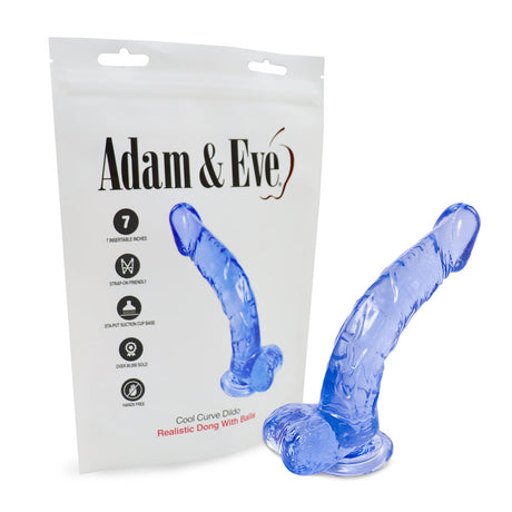Blue silicone product with 'Adam & Eve' packaging on a white background