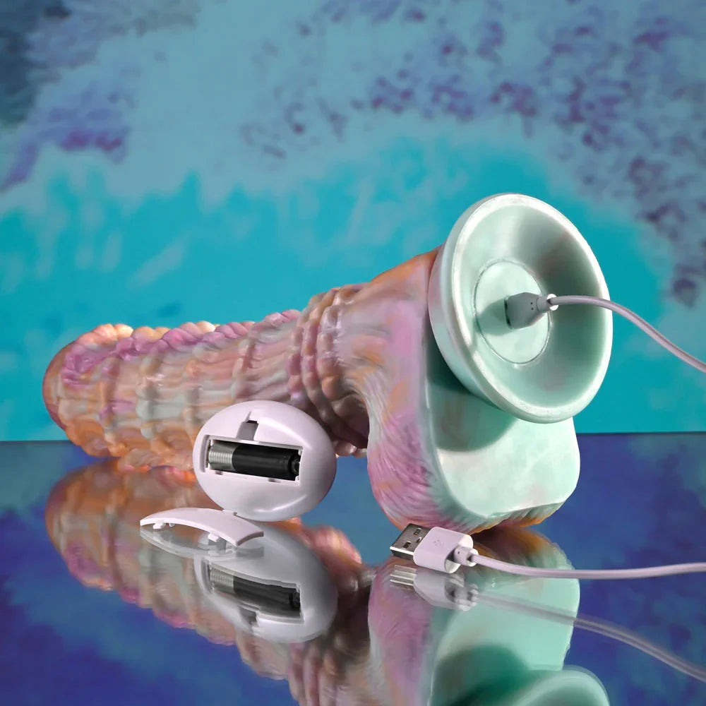 Evolved Fantasy dildo in multicolour charging, with the remote opened to show its two batteries