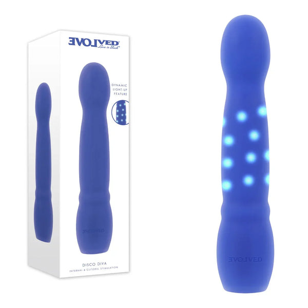 Evolved Disco Diva retail box beside the Blue vibrator, its shaft lit with a pattern of blue LEDs