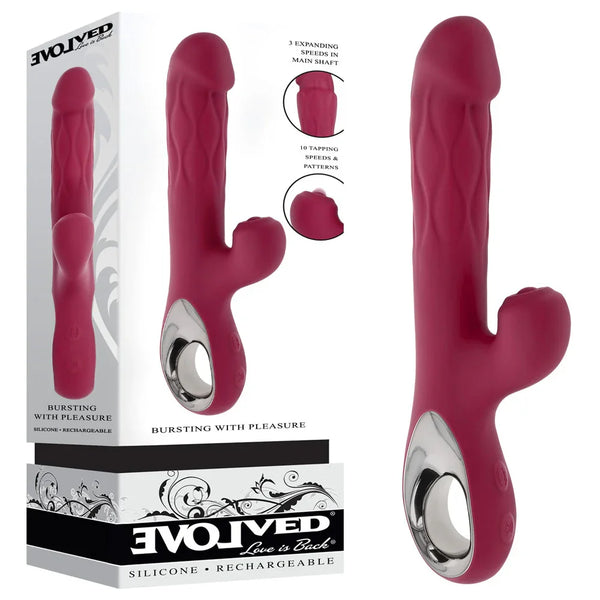 Evolved Bursting With Pleasure retail box beside the wine red tapping rabbit vibrator with chrome ring
