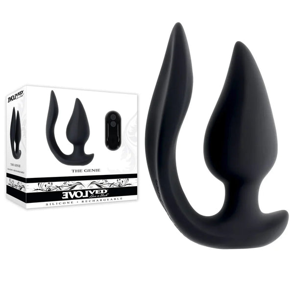 Evolved The Genie retail box beside the Black vibrating butt plug with its curved arm and remote