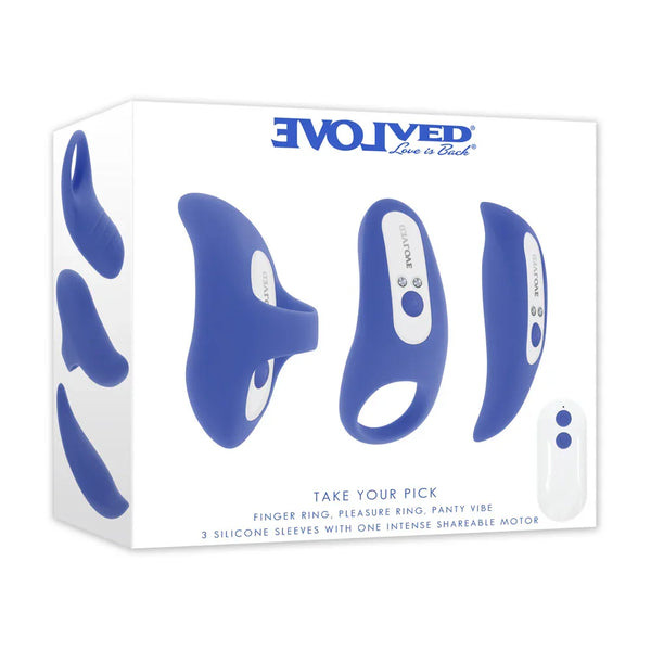 Evolved Take Your Pick retail box picturing three blue silicone sleeves, a shared motor and remote