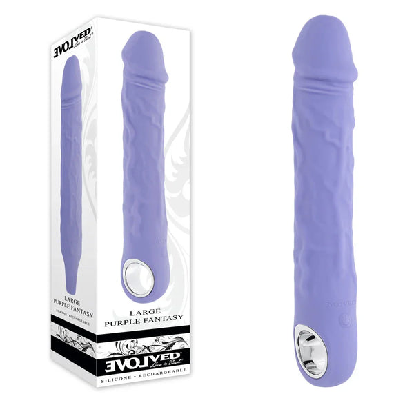 Evolved Large Purple Fantasy retail box beside the lilac realistic vibrator with chrome base ring