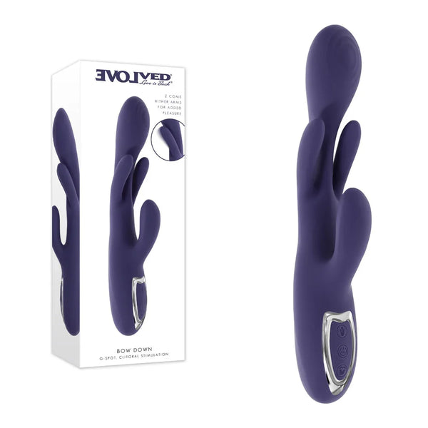 Evolved Bow Down retail box beside the deep purple rabbit vibrator with its twin inner arms
