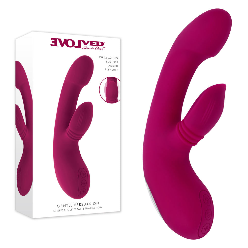 Evolved Gentle Persuasion rabbit vibrator in Pink beside its Evolved retail box on white