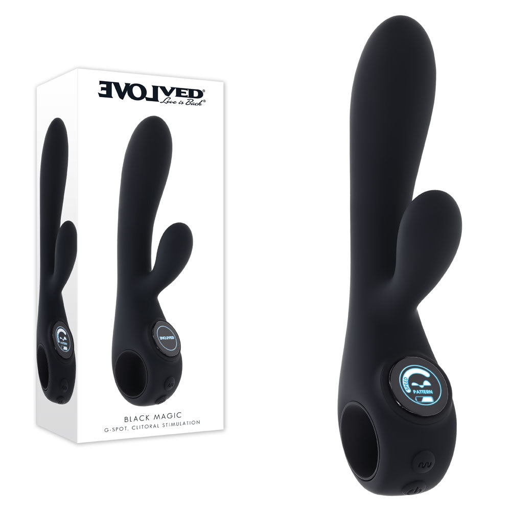 Evolved Black Magic rabbit vibrator in Black beside its Evolved retail box on white