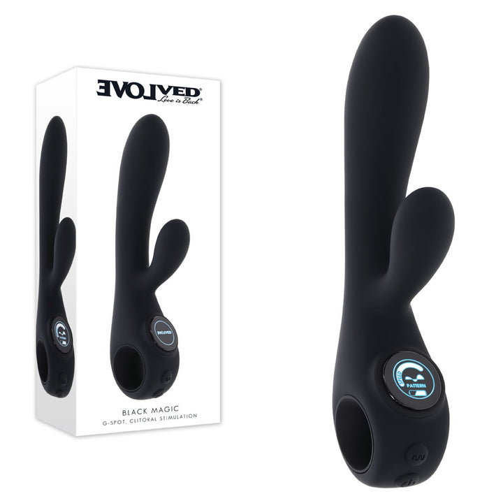 Evolved Black Magic rabbit vibrator in Black beside its Evolved retail box on white