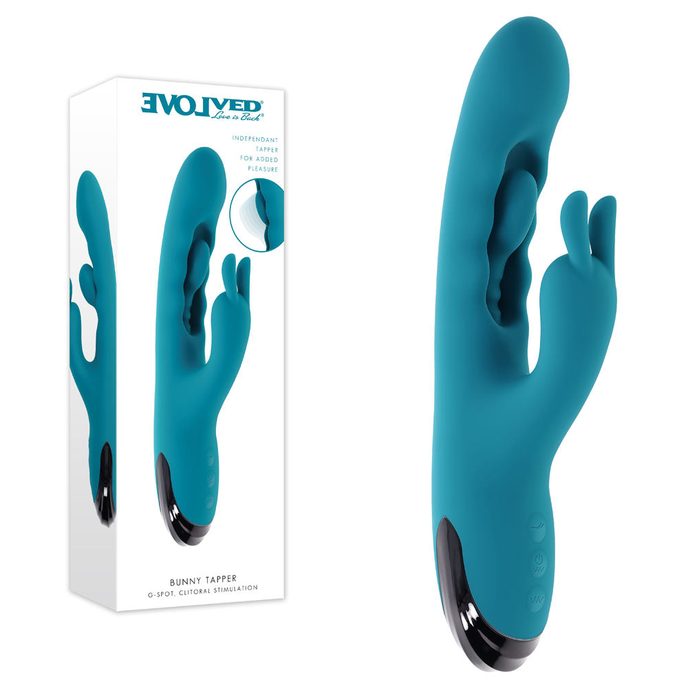 Evolved Bunny Tapper retail box beside the teal rabbit vibrator with its black chrome base