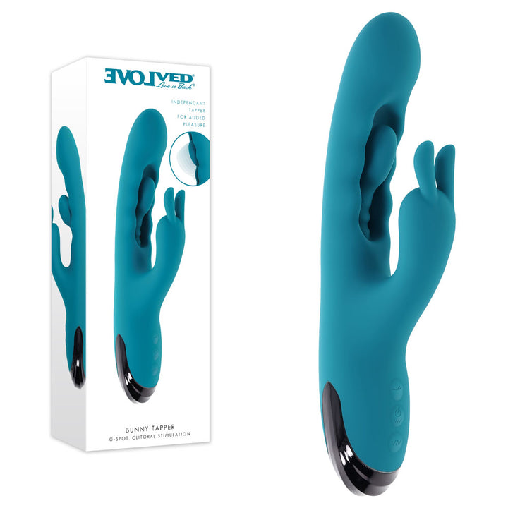 Evolved Bunny Tapper retail box beside the teal rabbit vibrator with its black chrome base