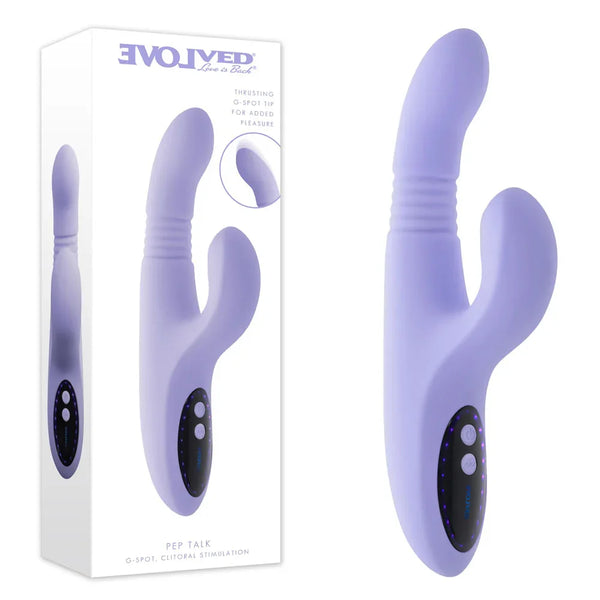 Evolved Pep Talk retail box beside the lilac thrusting rabbit vibrator with its ribbed shaft