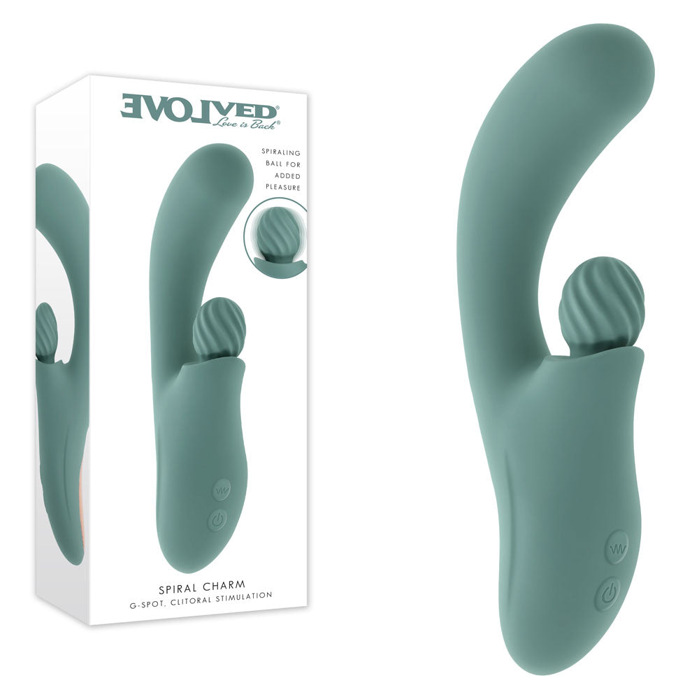Evolved Spiral Charm vibrator in sage green beside its Evolved retail box on white