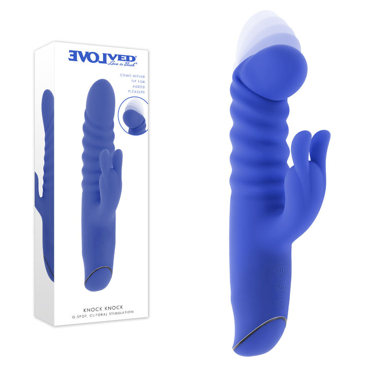 Evolved Knock Knock retail box beside the blue-violet rabbit vibrator with its come-hither tip
