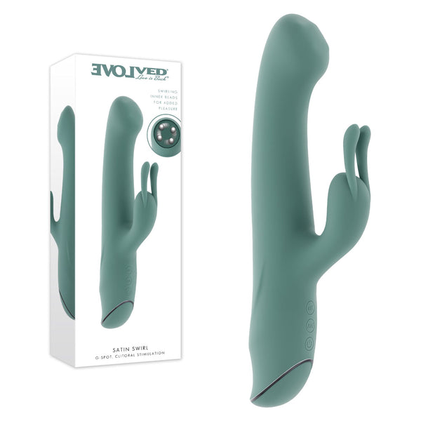 Evolved Satin Swirl rabbit vibrator in sage green beside its Evolved retail box on white