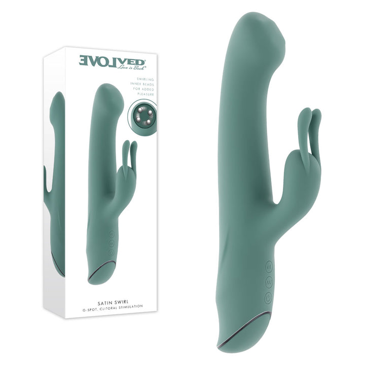 Evolved Satin Swirl rabbit vibrator in sage green beside its Evolved retail box on white