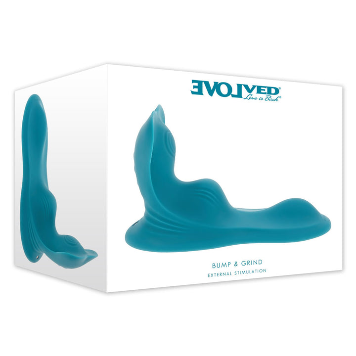 Evolved Bump & Grind retail box in white, picturing the teal external stimulator from two angles