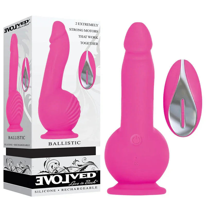 Evolved Ballistic retail box beside the Pink vibrating dildo and its oval remote, on white