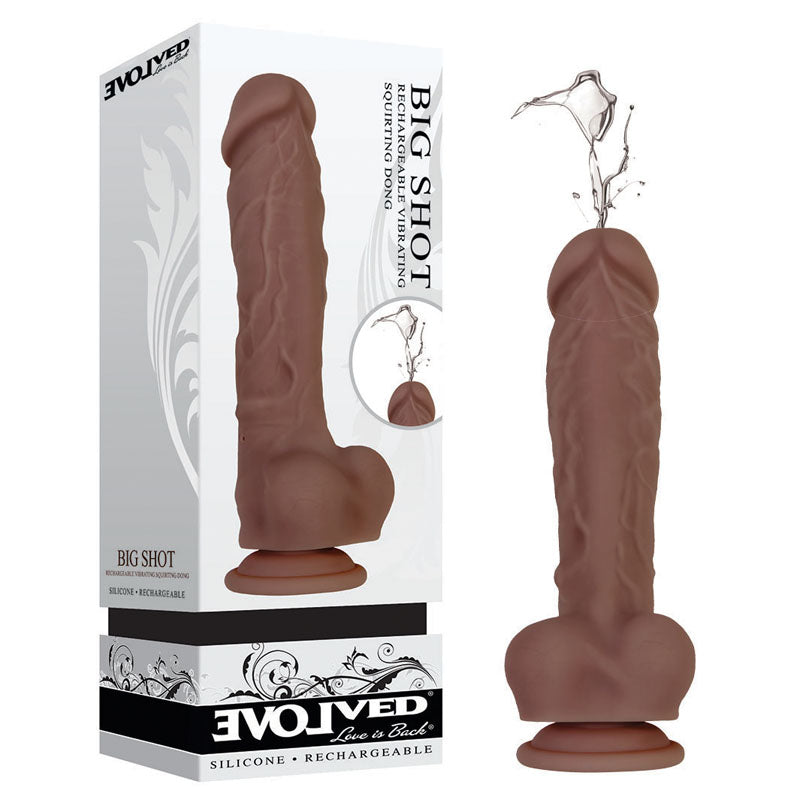 Brown silicone product with packaging labeled 'Big Shot' by Evolved Love on a white background.