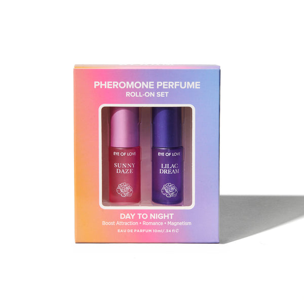 Eye Of Love Love In Bloom Roll-On Set boxed, window showing the Sunny Daze and Lilac Dream bottles