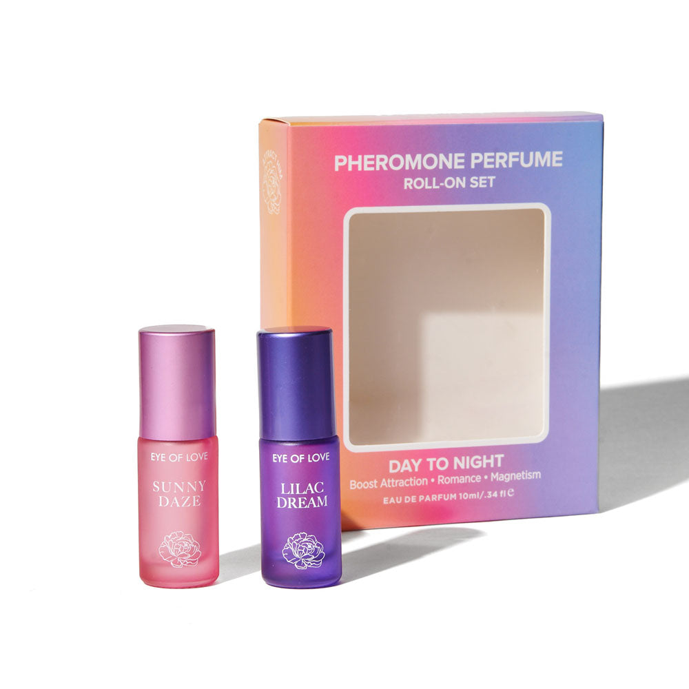 Sunny Daze and Lilac Dream roll-ons standing in front of the open Day to Night gift box