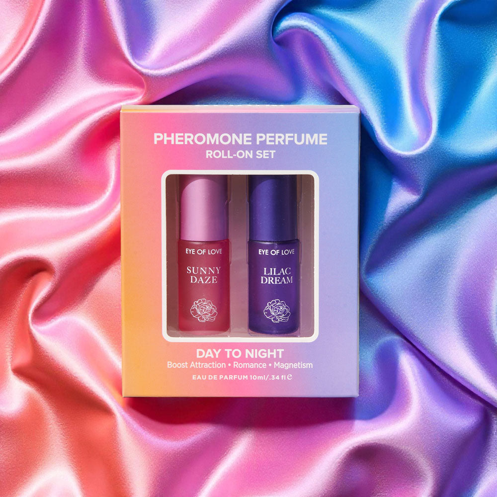 Eye Of Love Day to Night roll-on gift box resting on pink and blue satin