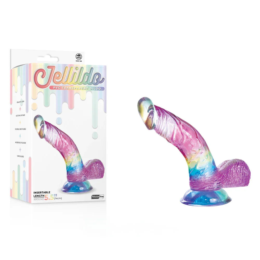 Jellido 14 cm curved dildo, pink rainbow PVC with balls, beside its retail box