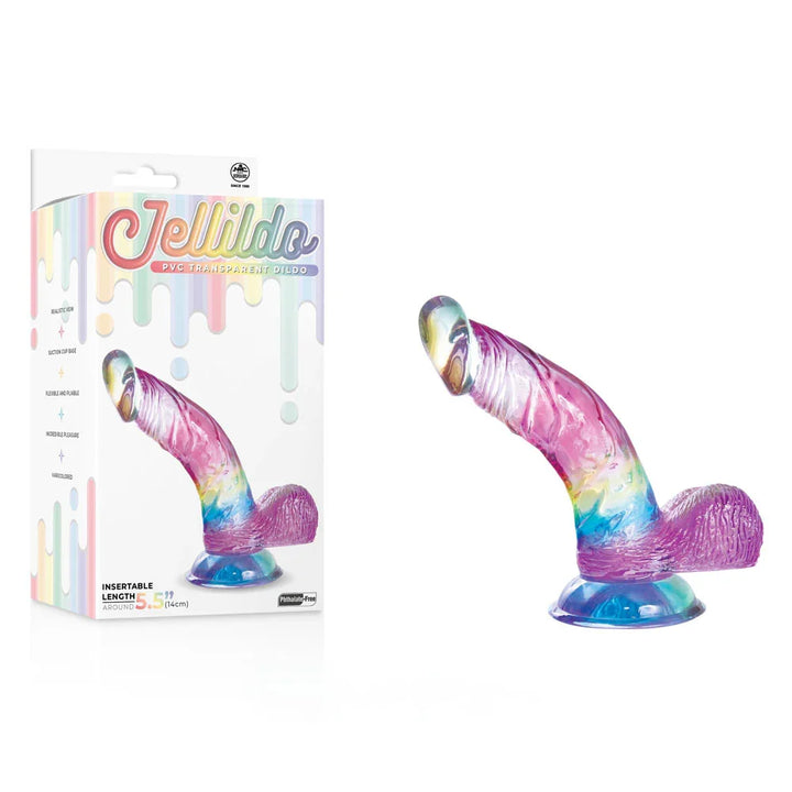 Jellido 14 cm curved dildo, pink rainbow PVC with balls, beside its retail box