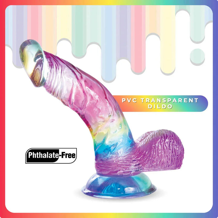 Jellido 14 cm curved dildo close-up on rainbow card, labelled phthalate-free