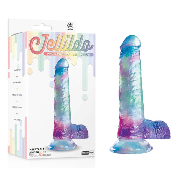Jellido 15.2 cm jelly dildo, glittery clear PVC with suction cup, beside its drip-art box
