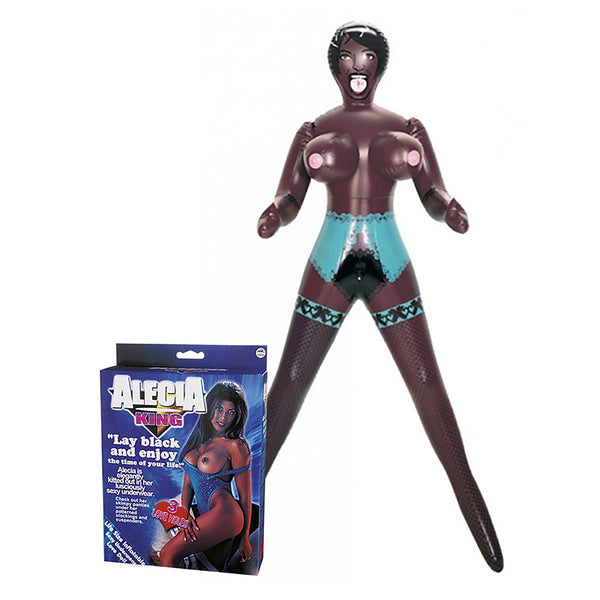 Alecia King inflatable love doll standing, wearing printed lingerie, beside her box