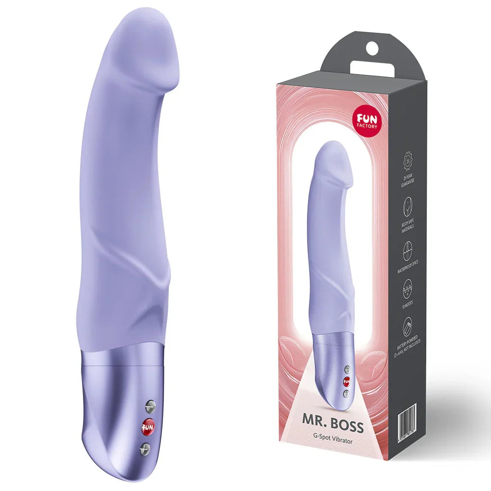 Fun Factory Mr. Boss in Purple standing beside its grey retail box