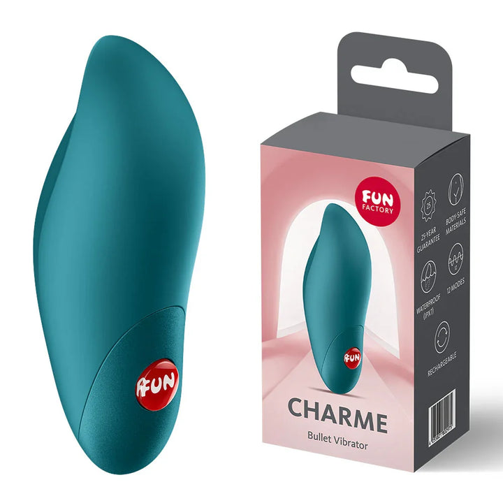 Fun Factory Charme in Bottle Green beside its pink retail box