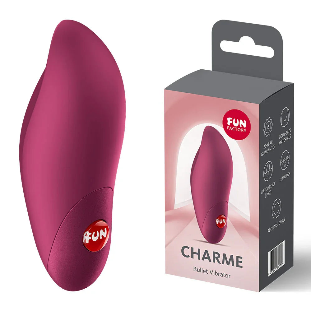 Fun Factory Charme in Wine Red beside its pink retail box