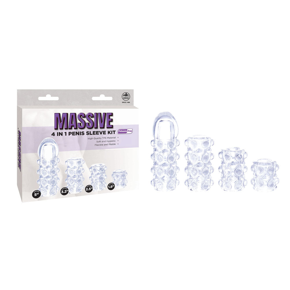 Massive 4-in-1 penis sleeve kit in Clear, four nubbed sleeves lined up beside the box