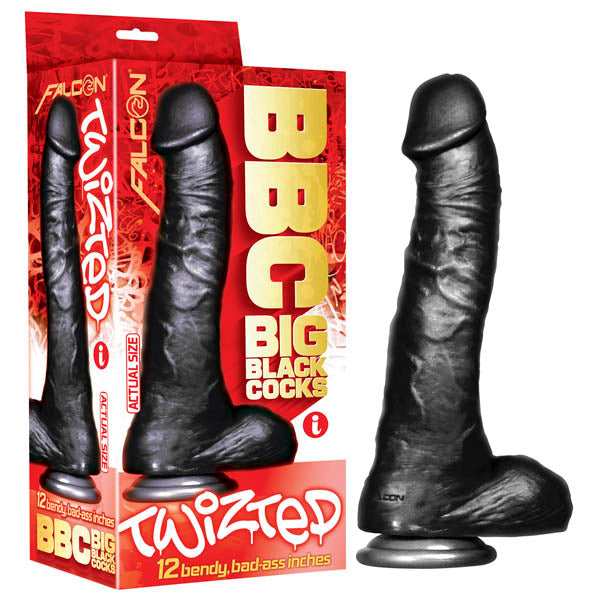 Black flexible dildo with packaging labeled 'BBC Big Black Cocks' and 'Twizted'.
