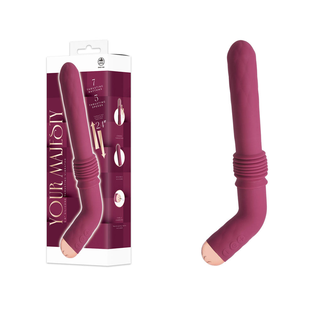 Your Majesty thrusting vibrator in Maroon, angled ribbed handle, beside its box