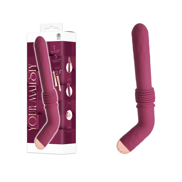 Your Majesty thrusting vibrator in Maroon, angled ribbed handle, beside its box