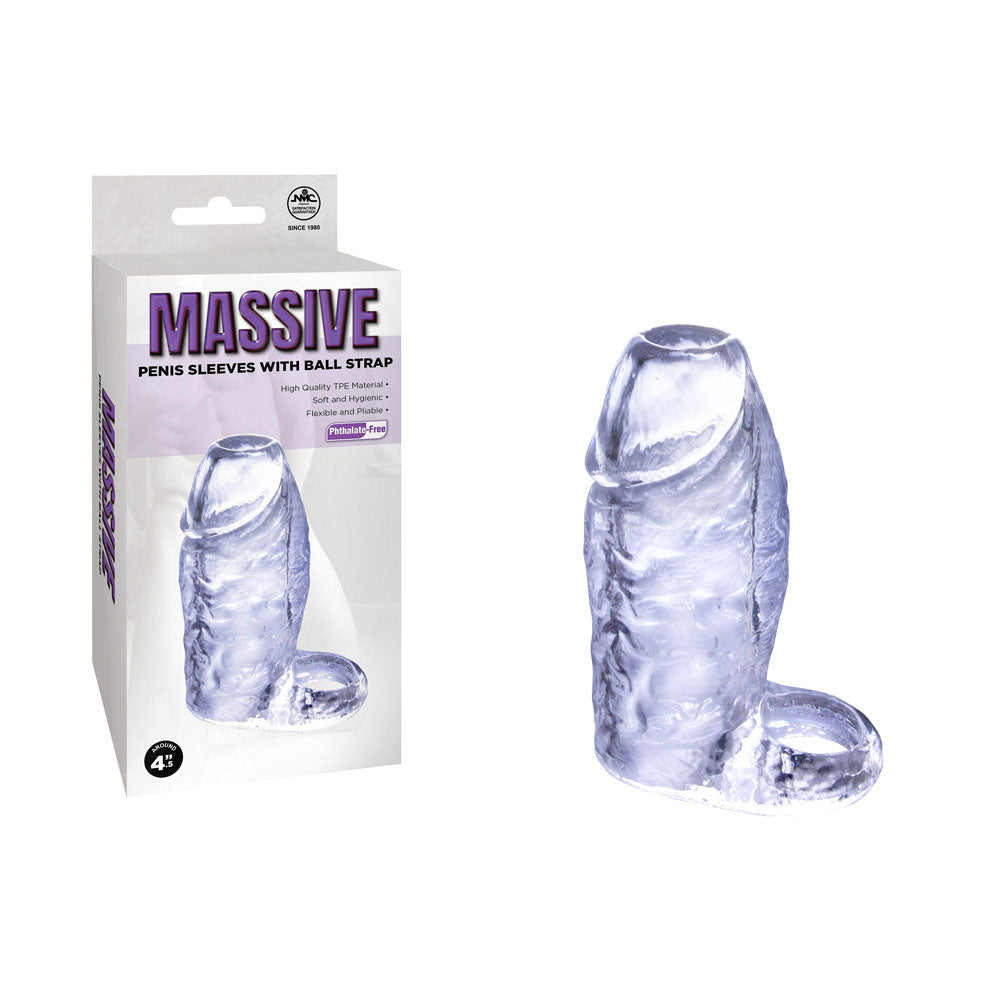 Massive penis sleeve with ball strap in Clear, textured TPE beside its retail box