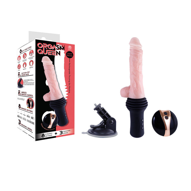 Sexual product with packaging labeled 'Orgasm Queen' on a white background
