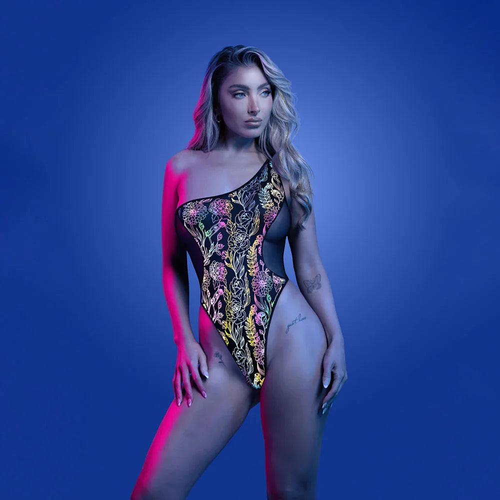Fantasy Lingerie GLOW Luminescent Flash Reflective Teddy, Black (S/M)