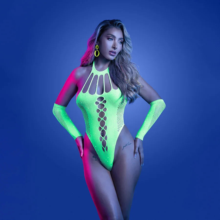 Fantasy Lingerie GLOW Pressure Point Teddy, Glow Green (One Size)
