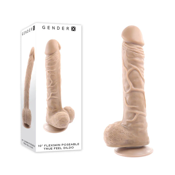 Gender X Flexskin Poseable True Feel Dong in Light, suction base and balls, beside its box
